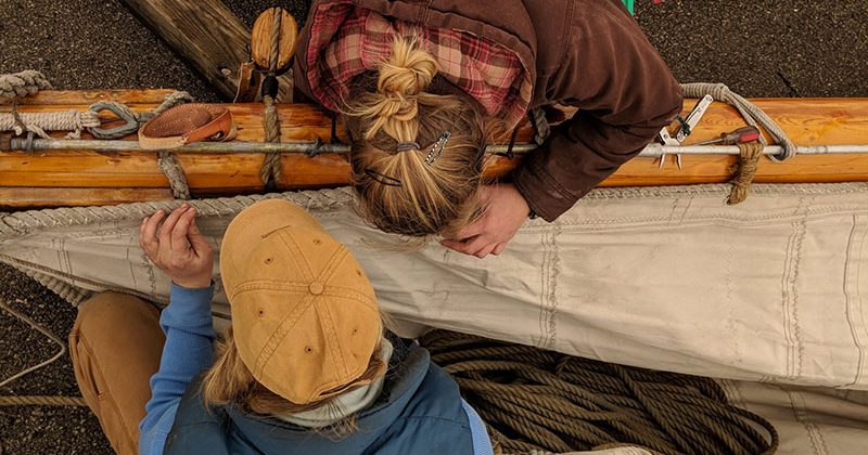 Dressing the topyard on Pride of Baltimore II, February 14, 2019
