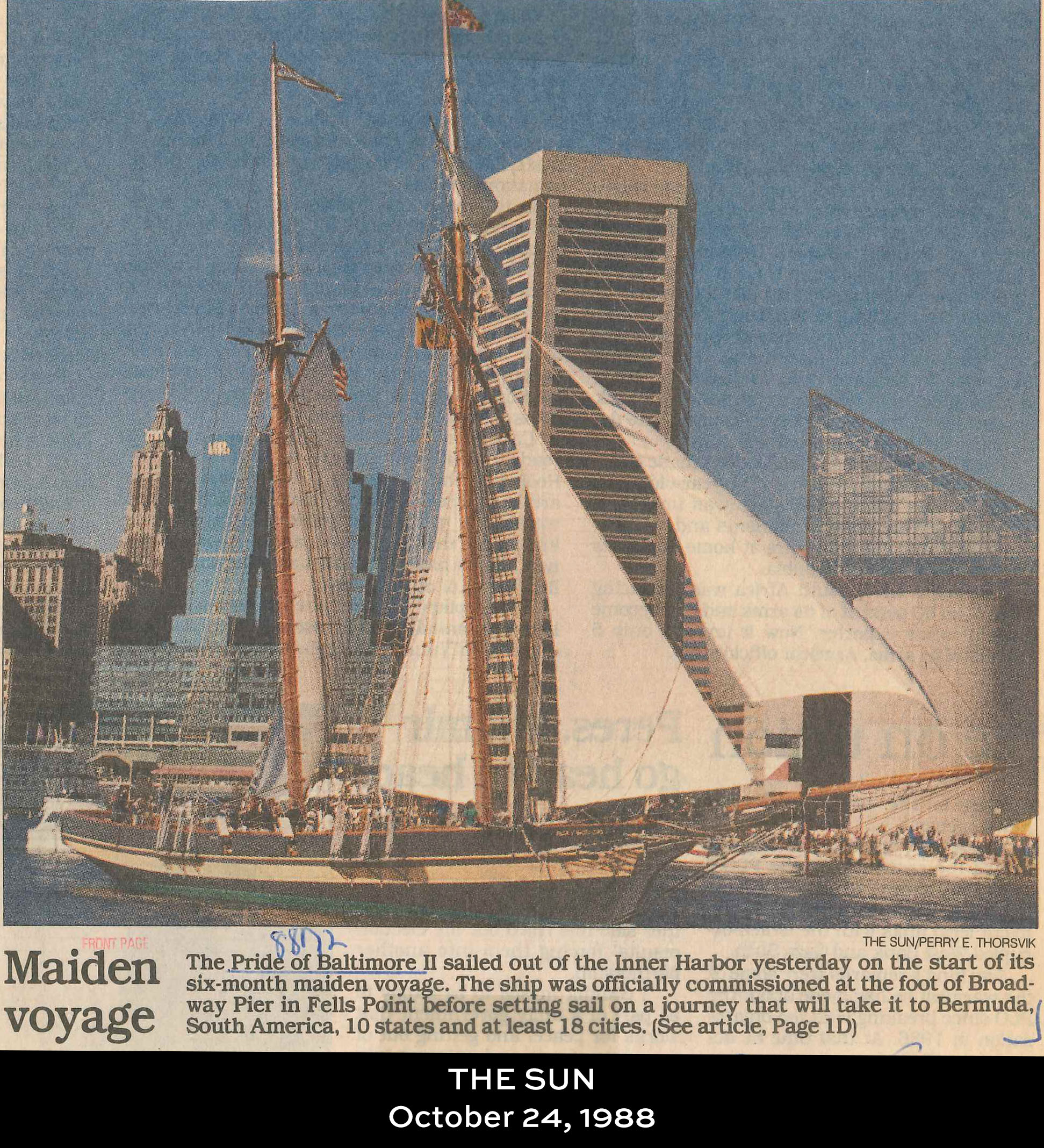 Pride of Baltimore featured in the Baltimore Sun on October 24, 1988
