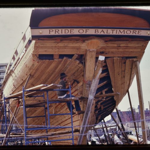 Photo: Peter Boudreau fairing planks during the build of Pride. Photo courtesy of Michael Szrom