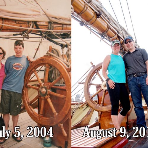 Greg and Sarina Bower pictured at the helm of Pride II, 15 years apart.