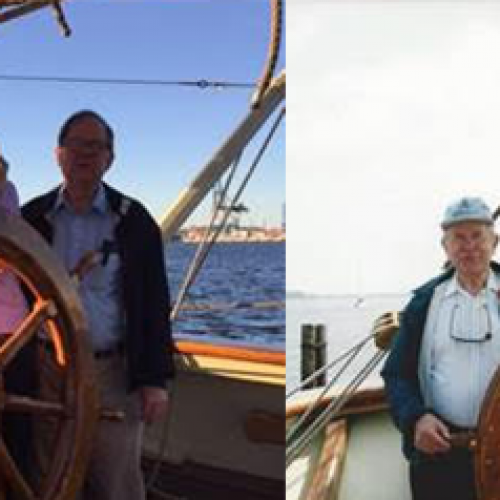 Left: Nancy Aldrich at Pride II's helm on a sail in Baltimore Harbor, 2015.
Pictured Right: Nancy's father, John Aldrich, at Chesapeake Bay Maritime Museum dock, St. Michaels, 2001.
